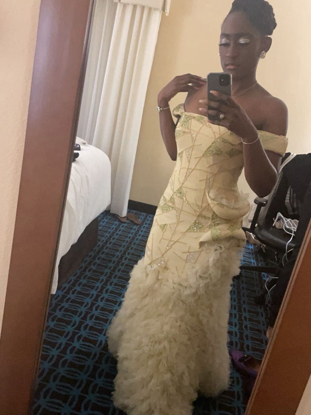 Off-Shoulder Ivory & Gold Embellished Mermaid Gown